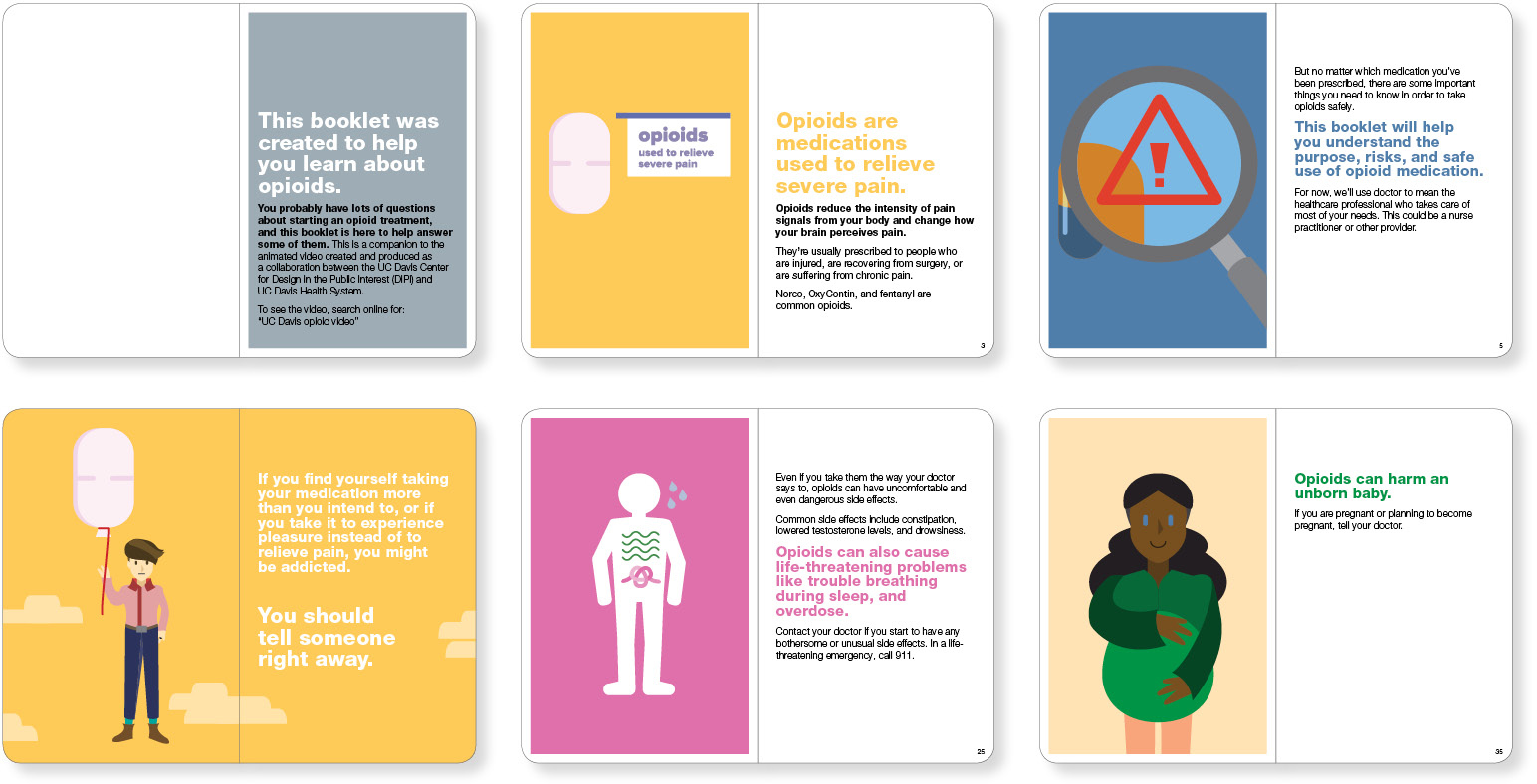 Six spreads from the opioid patient-education video companion booklet